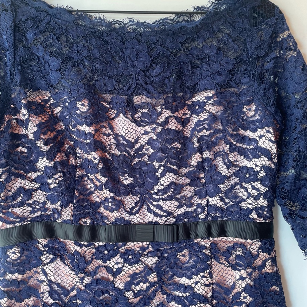 Sheathed style blue lace over nude bodice.